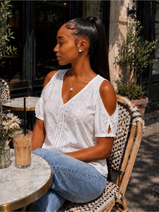 Karen Kane Tops - Karen Kane 100% Cotton White Embroidered Eyelet Cold-Shoulder V-Neck Top